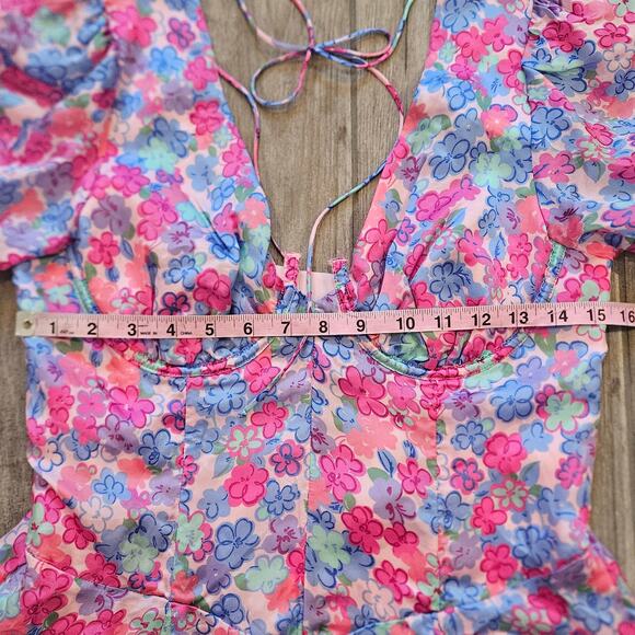 For Love & Lemons Angie Mini Dress Womens L Blue Pink Floral Corset Puff Sleeve - Picture 5 of 16